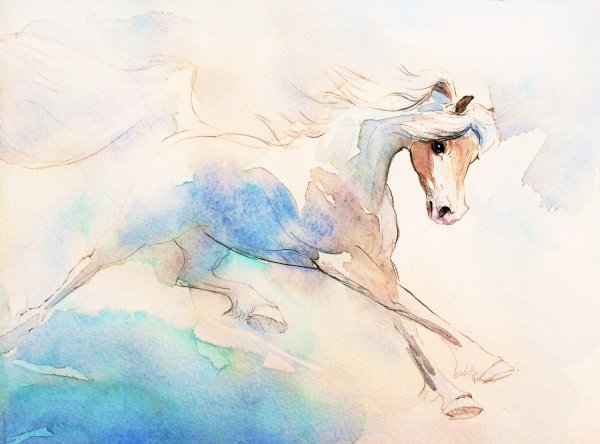 Лошади бегут акварель