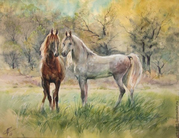 Гуашь «лошади в пейзаже» Франца Марк