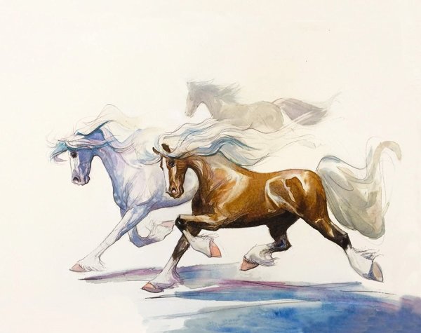 Кони акварель