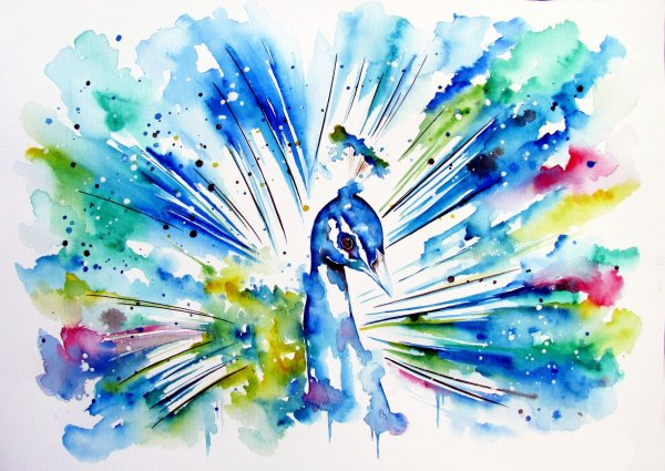 Павлины акварелью