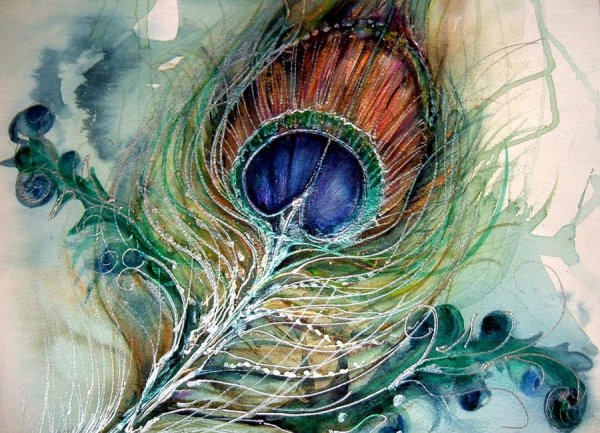 Павлин акварелью