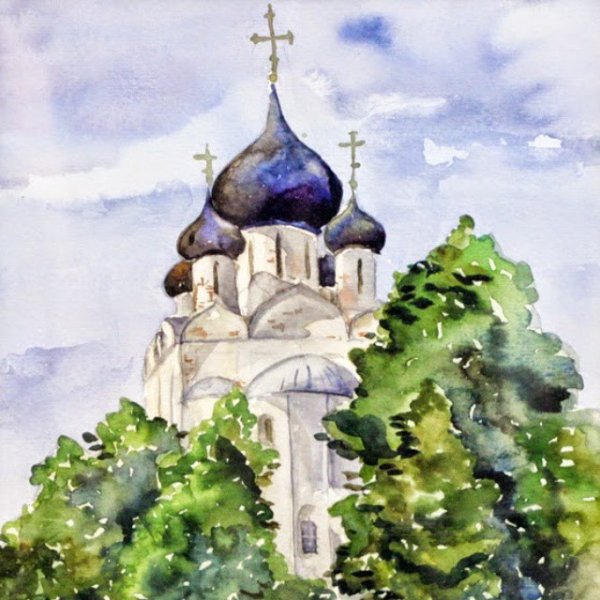 Трушникова пейзаж Церковь акварель