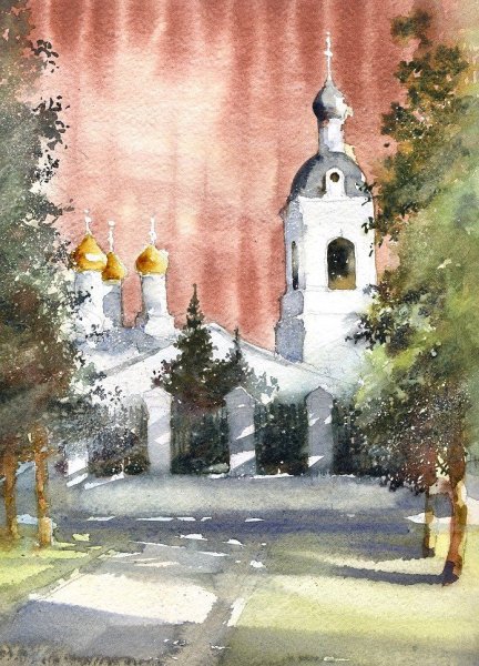Церковь пленер акварель