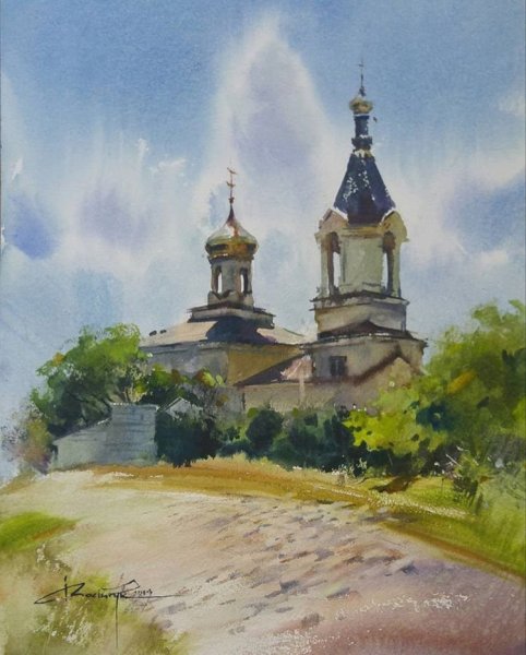 Трушникова пейзаж Церковь акварель