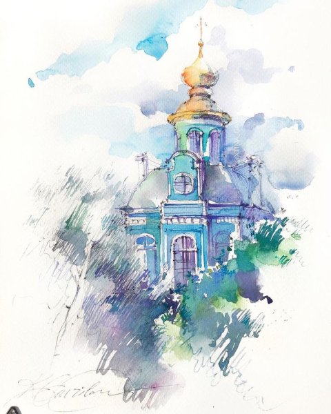 Скетчинг Церковь акварелью