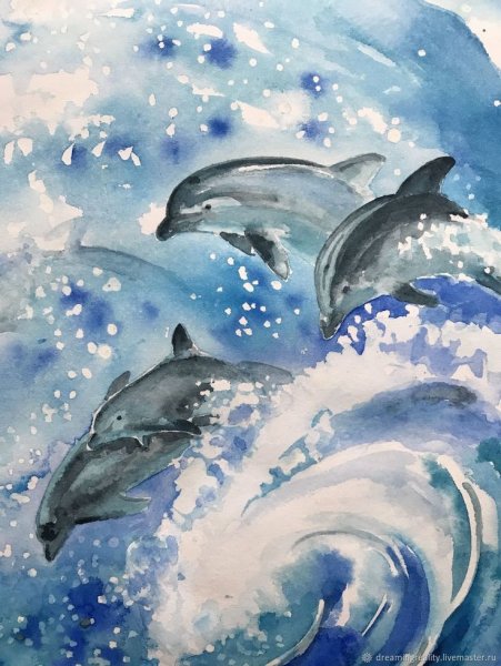 Дельфин акварелью