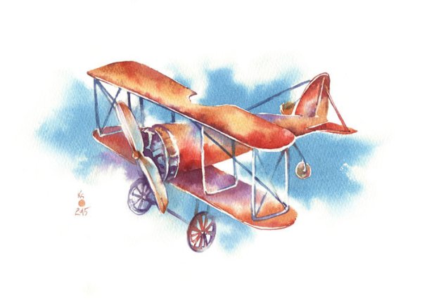 Самолет в небе акварель