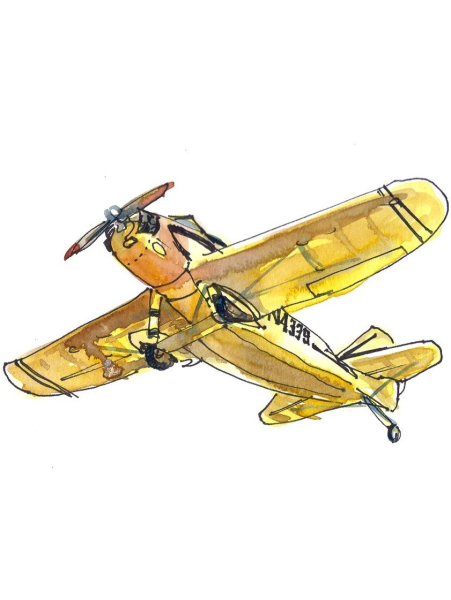 Самолет в небе акварель