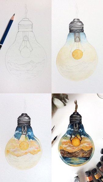 Лампочка нарисованная акварелью