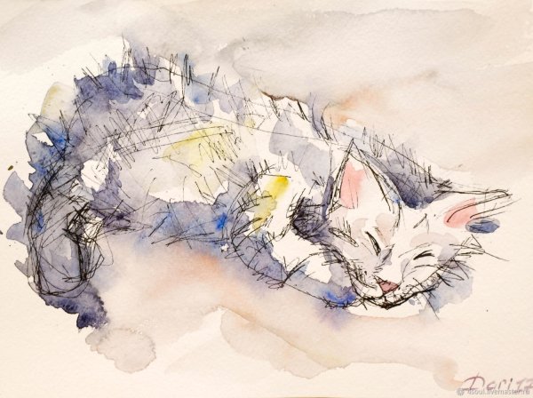 Спящий кот акварель