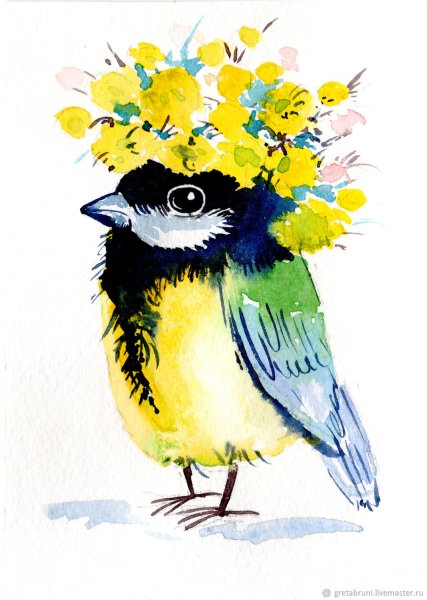 Синица лазоревка акварелью
