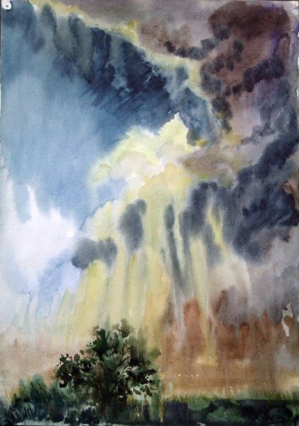 Пейзаж гроза акварелью