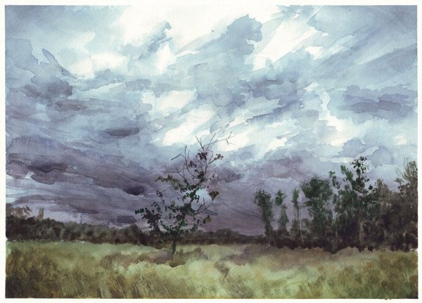 Пейзаж гроза акварелью