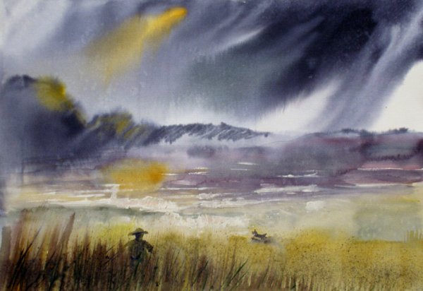Пейзаж гроза акварелью