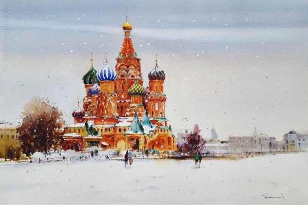 Москва зима акварель