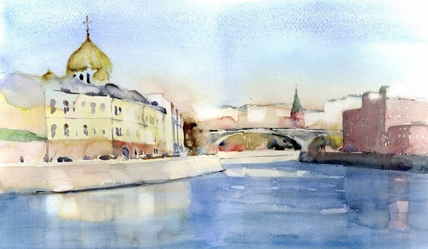Москва река акварель