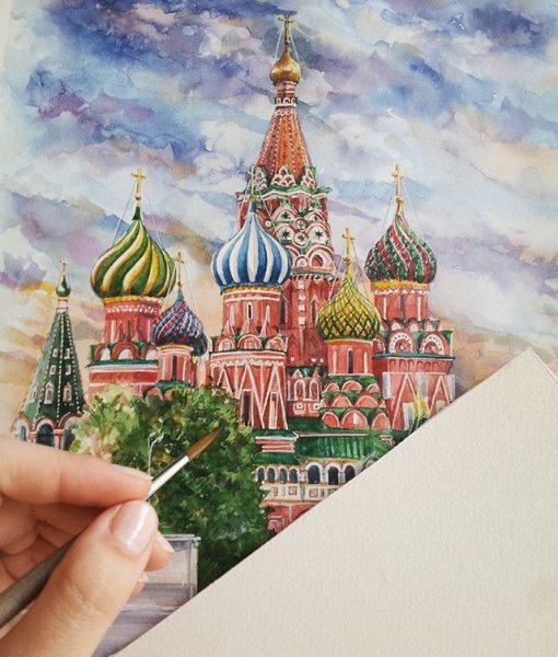 Москва рисунки акварелью