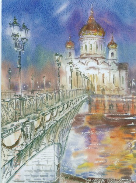 Храм Христа Спасителя в Москве акварель