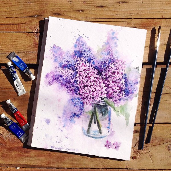 Рисование сирени акварелью