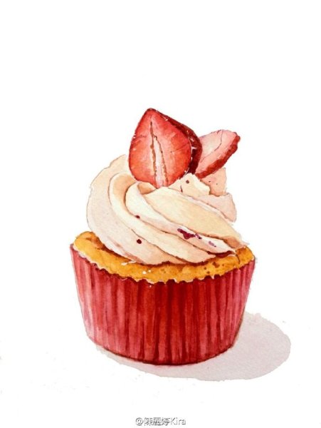 Капкейк с клубникой акварель