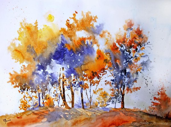 Осенний лес техникой монотипией