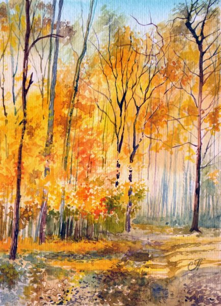 Осенний пейзаж акварелью по сырому