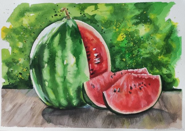 Натюрморт с арбузом акварель