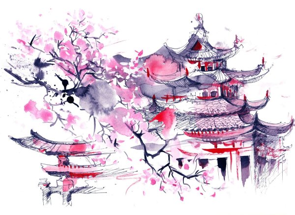 Японский храм акварель
