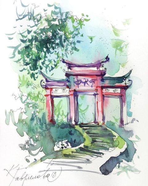 Японский пейзаж акварельный скетч