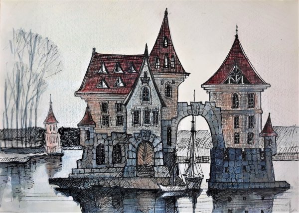 Здания акварелью и тушью
