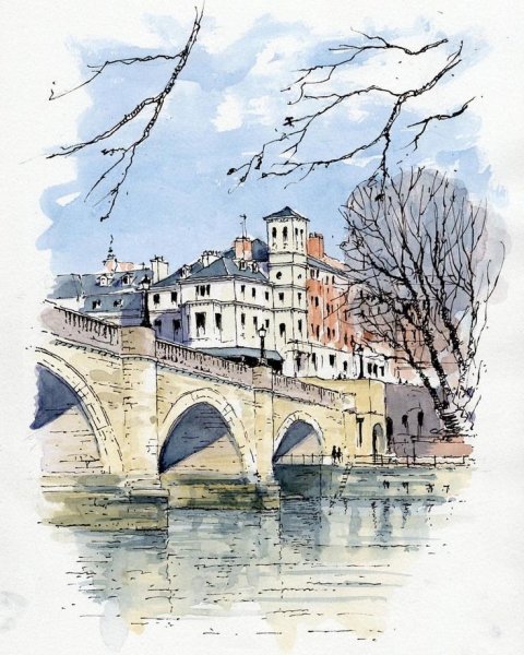 Акварель и тушь пейзаж