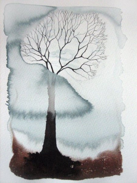 Акварель тушь дерево