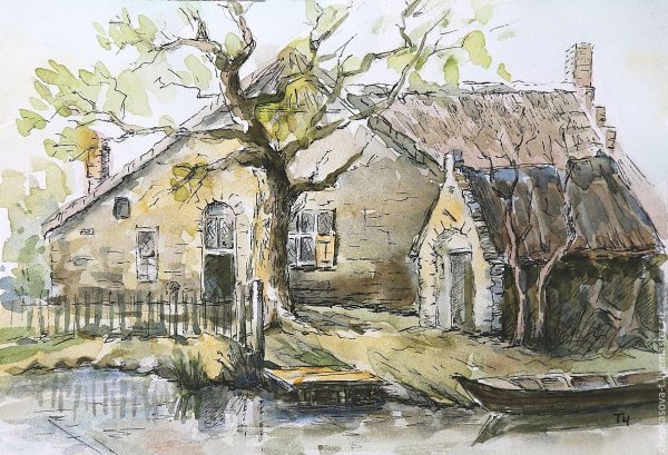 Акварель и гелевая ручка пейзаж