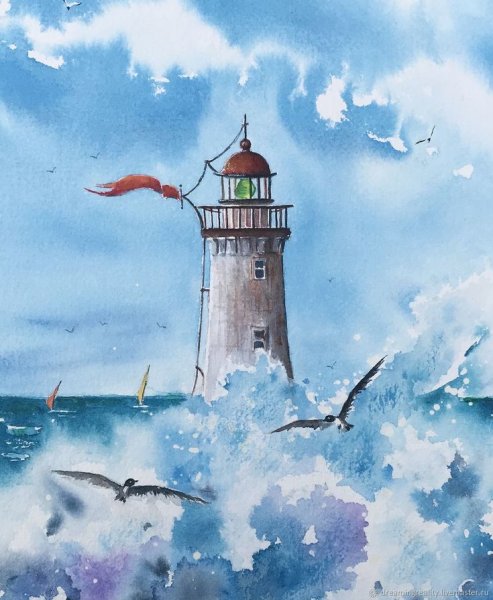 Маяк шторм акварель