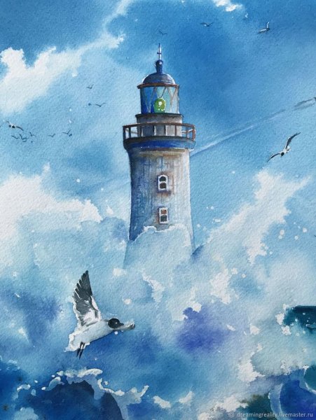 Пейзаж с маяком акварелью