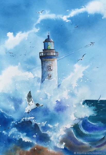 Море волны Маяк акварель