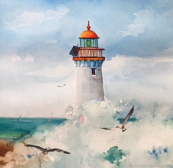 Живопись акварелью Маяк и море