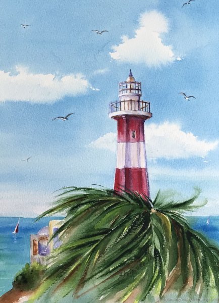 Акварель море Маяк