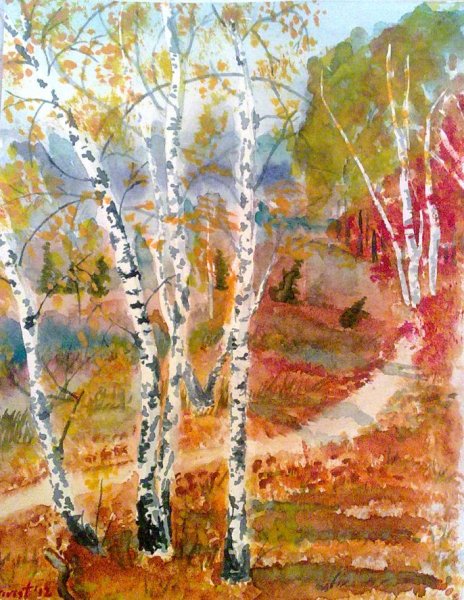 Осенние березы акварелью