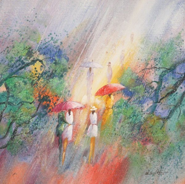 Девушка с зонтом акварель