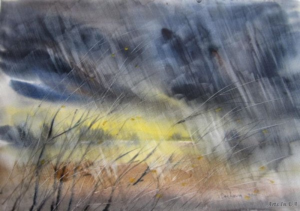 Дождливый пейзаж акварелью