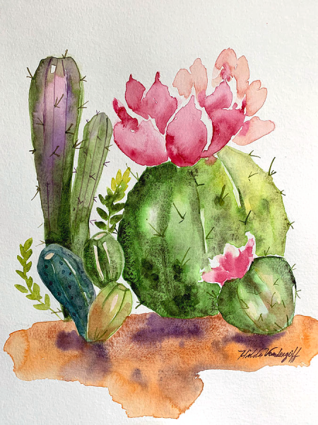 Кактус опунция акварелью