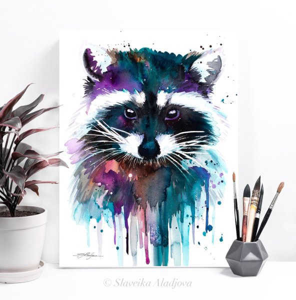 Енот арт акварель