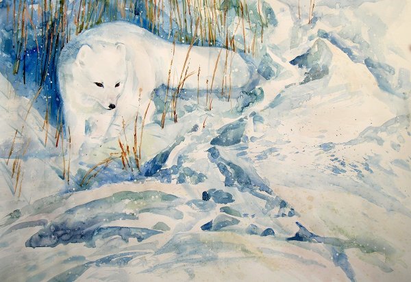 Животные зимой акварель