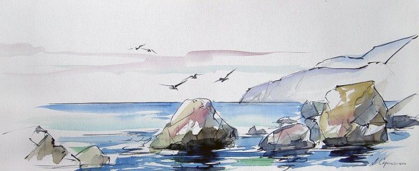 Акварель море Наброски