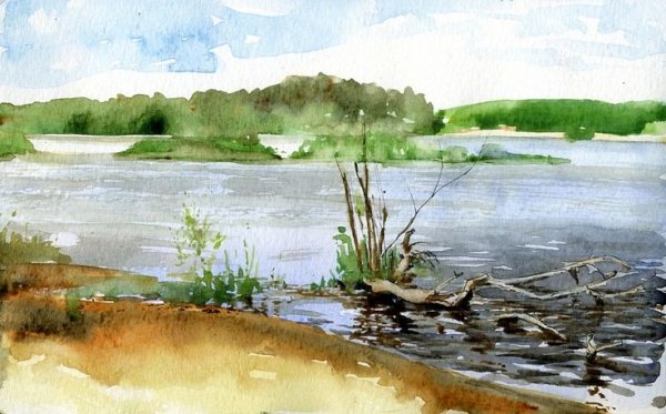 Акварель берег реки