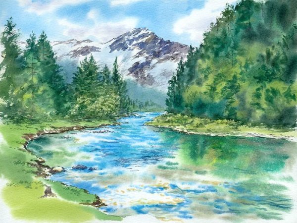 Пейзажи лес горы озеро акварелью