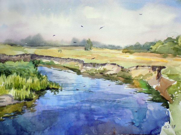 Пейзаж акварелью пленэр озеро