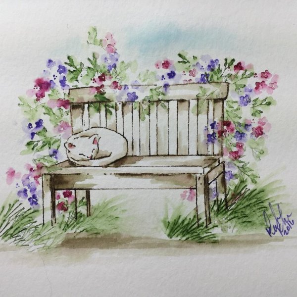 Скамейка акварелью