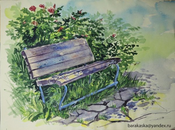 Скамейка акварелью